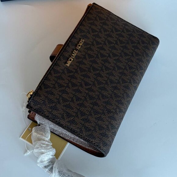 NWT Michael Kors Jet Set Travel Double Zip Large Phone Wallet MK Brown/Luggage - Picture 3 of 11